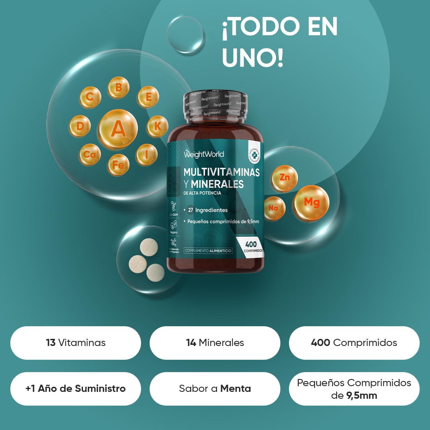 Multivitaminas y Minerales, 400 Comprimidos Veganos, 27 Vitaminas y Minerales - Vitamina C, Vitamina B, D, E, Magnesio, Zinc, Calcio, Hierro y Más, Para +1 de Año, Sabor Menta