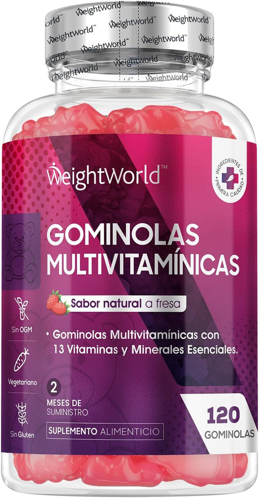 Gominolas multivitaminas e minerais 120 gomas sabor morango, com 13 vitaminas e minerais essenciais, como vitamina D3, A, C, B6, B12, E, biotina, zinco e ácido fólico, e mais para 2 meses