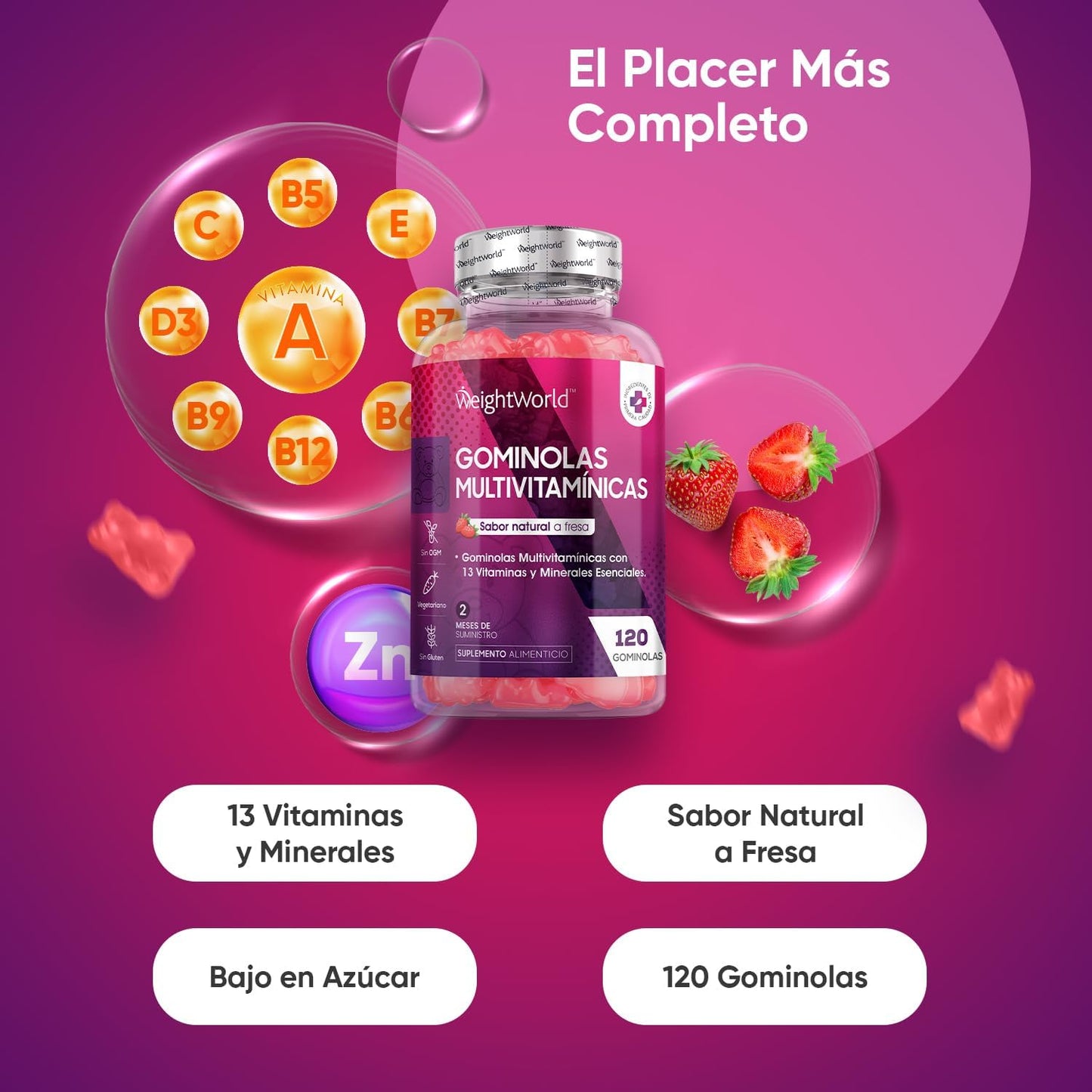 Gominolas multivitaminas e minerais 120 gomas sabor morango, com 13 vitaminas e minerais essenciais, como vitamina D3, A, C, B6, B12, E, biotina, zinco e ácido fólico, e mais para 2 meses