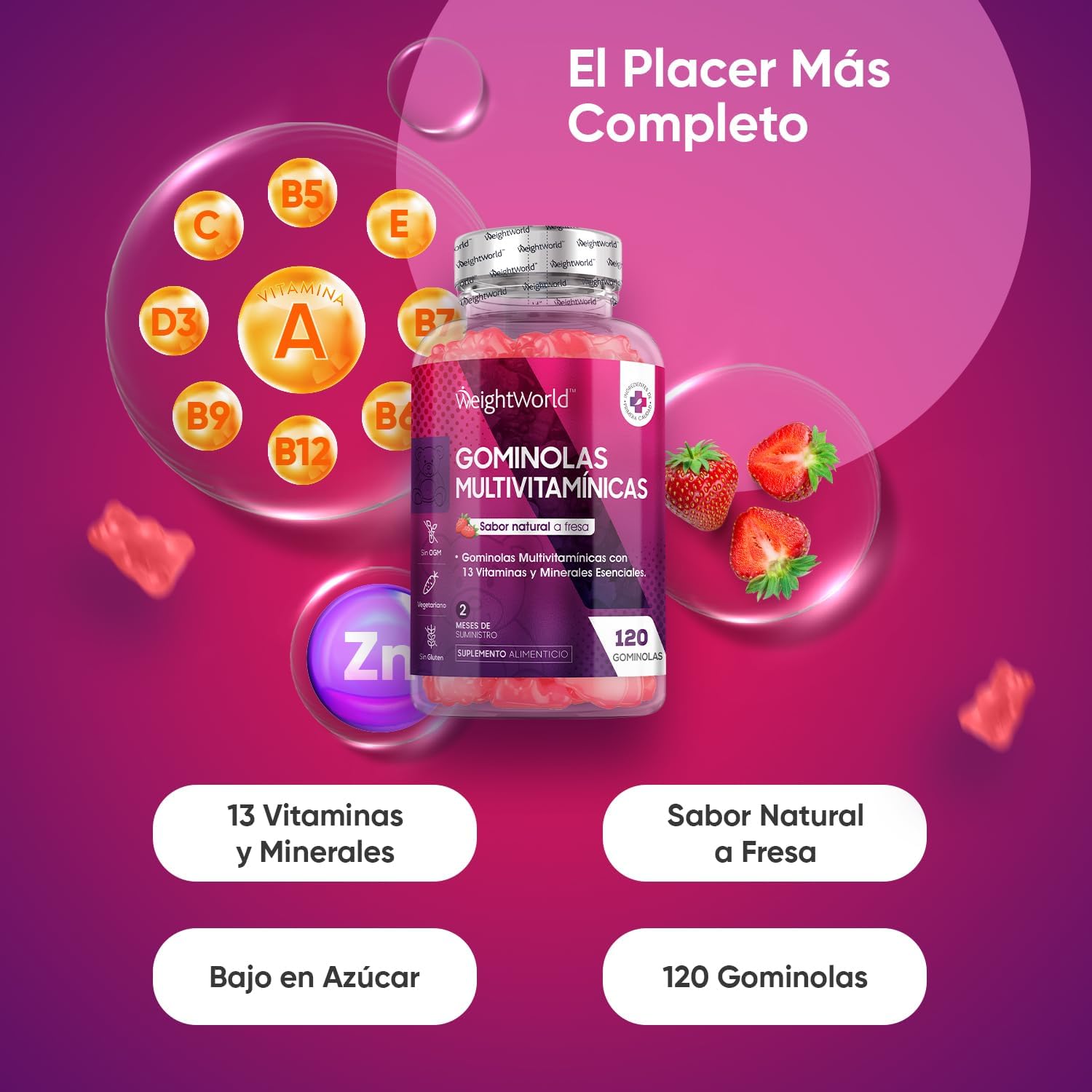 Gominolas multivitaminas e minerais 120 gomas sabor morango, com 13 vitaminas e minerais essenciais, como vitamina D3, A, C, B6, B12, E, biotina, zinco e ácido fólico, e mais para 2 meses