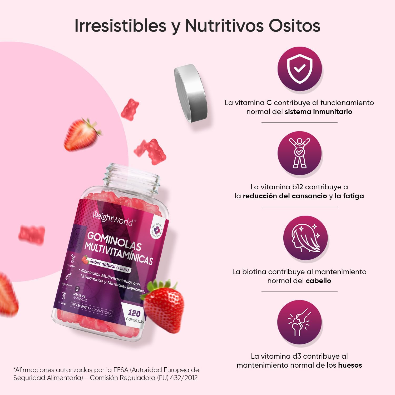 Gominolas multivitaminas e minerais 120 gomas sabor morango, com 13 vitaminas e minerais essenciais, como vitamina D3, A, C, B6, B12, E, biotina, zinco e ácido fólico, e mais para 2 meses