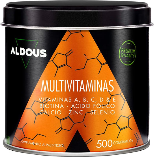 Multivitaminas Hombre y Mujer - 500 comprimidos + 1 año - Multivitaminico: Vitamina C, D, E, A, Vitaminas B, Biotina, Acido Folico, Calcio, Zinc, Selenio - Complejo Vitaminico Completo - ALDOUS