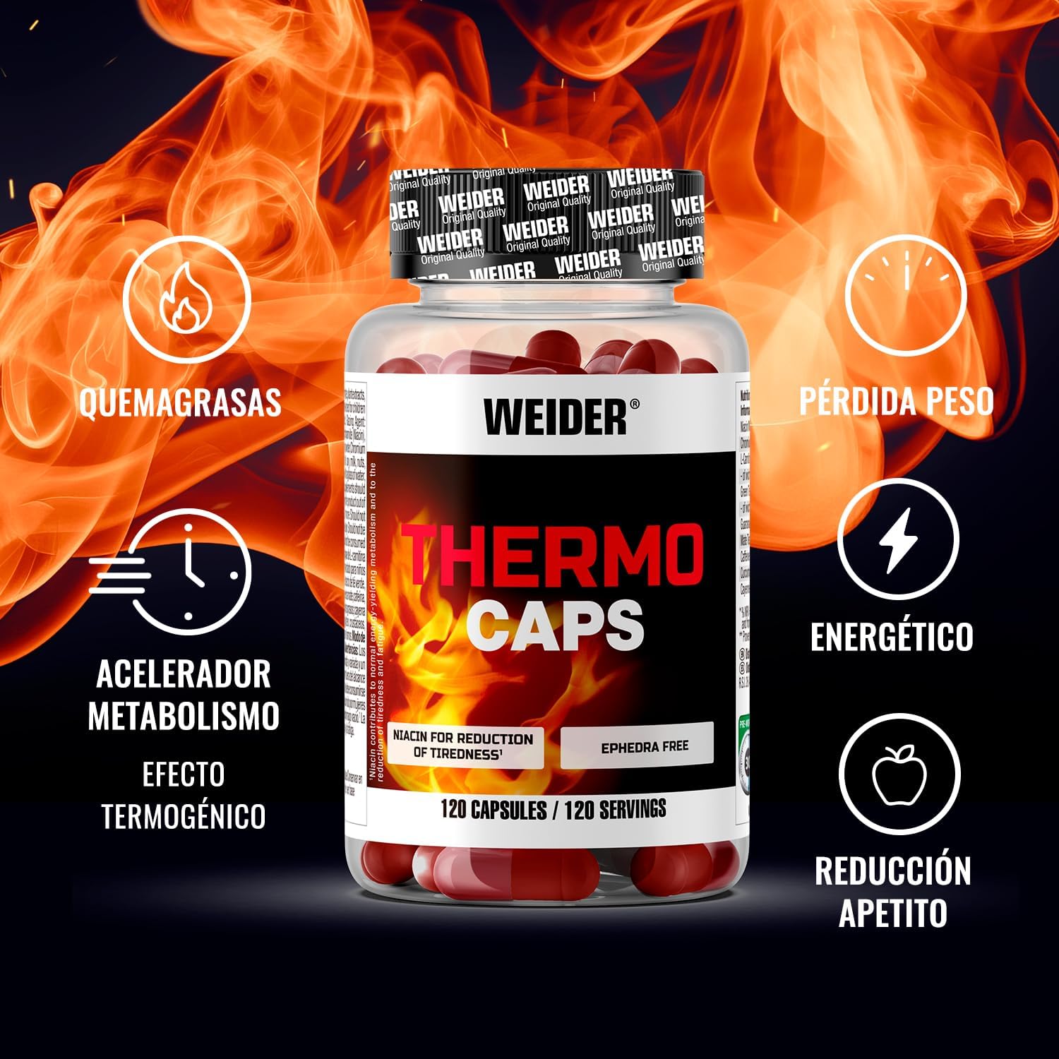 Weider Thermo Caps diminui o apetite, poderosa fórmula térmica com cafeína; enriquecido com crómio, açafrão, L-carnitina e 120 cápsulas