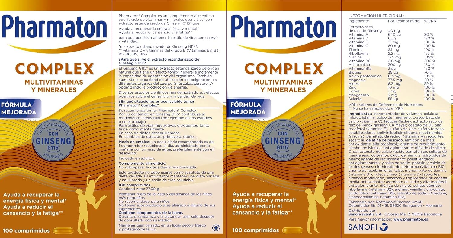 Pharmaton Complex - Multivitamínico con Ginseng G115-100 Comprimidos - Energía Física y Mental - Vitaminas para el cansancio