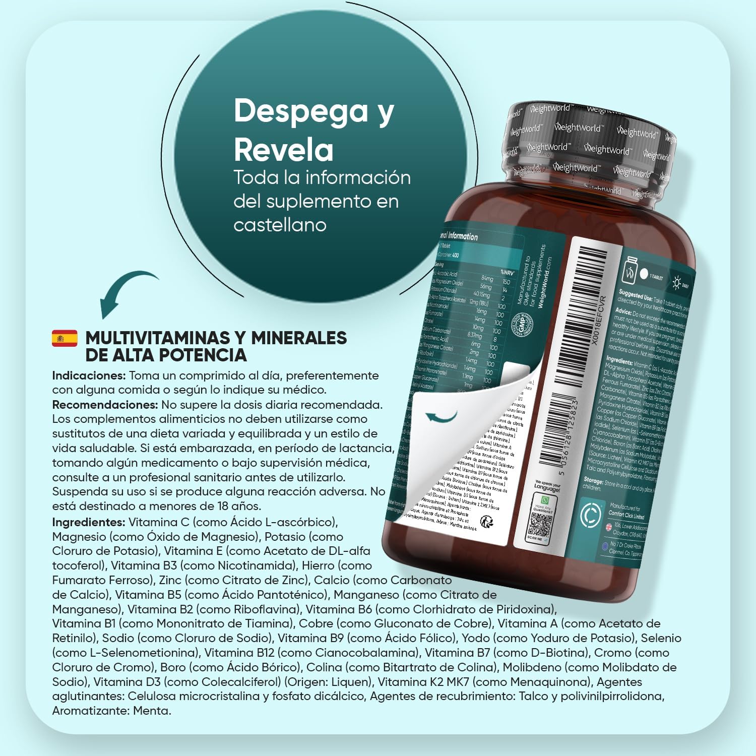 Multivitaminas y Minerales, 400 Comprimidos Veganos, 27 Vitaminas y Minerales - Vitamina C, Vitamina B, D, E, Magnesio, Zinc, Calcio, Hierro y Más, Para +1 de Año, Sabor Menta