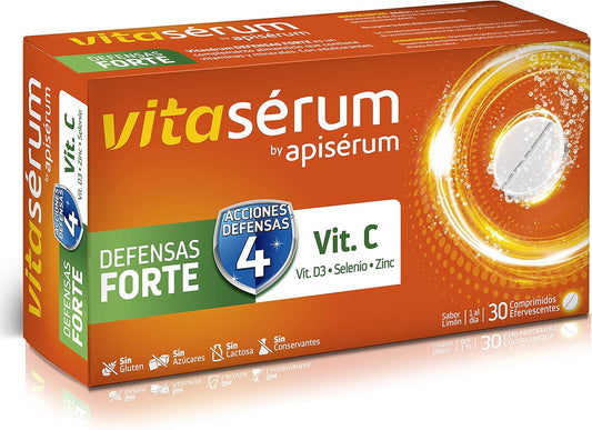 Apiserum Vitasérum Defensas Forte 30 comprimidos , Vitamina C (600 mg), D3, Selenio y Zinc, Ayuda a Tu Sistema Inmunitario, Cansancio y Fatiga, Comprimidos Efervescentes, Anaranjado, 30 días