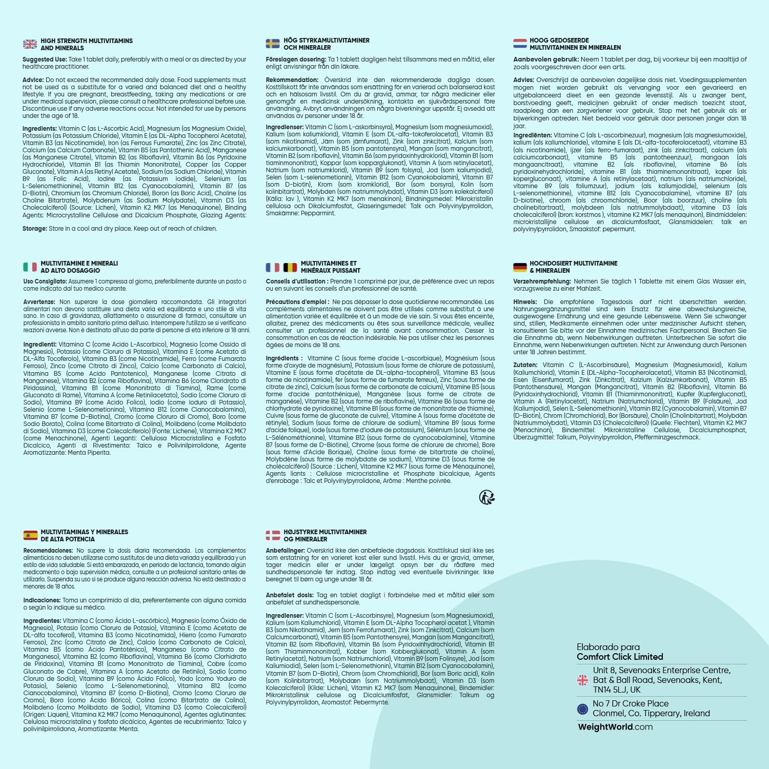 Multivitaminas y Minerales, 400 Comprimidos Veganos, 27 Vitaminas y Minerales - Vitamina C, Vitamina B, D, E, Magnesio, Zinc, Calcio, Hierro y Más, Para +1 de Año, Sabor Menta