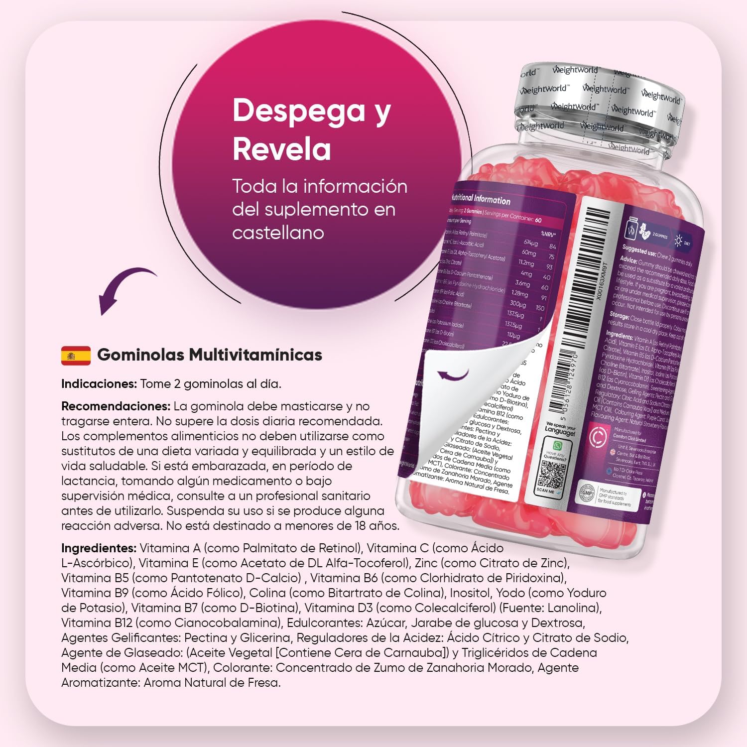 Gominolas multivitaminas e minerais 120 gomas sabor morango, com 13 vitaminas e minerais essenciais, como vitamina D3, A, C, B6, B12, E, biotina, zinco e ácido fólico, e mais para 2 meses